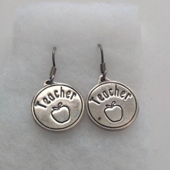 Silver Teacher Apple Drop Earrings Vintage Antique jewelry woman wife lady girls - Picture 3 of 10